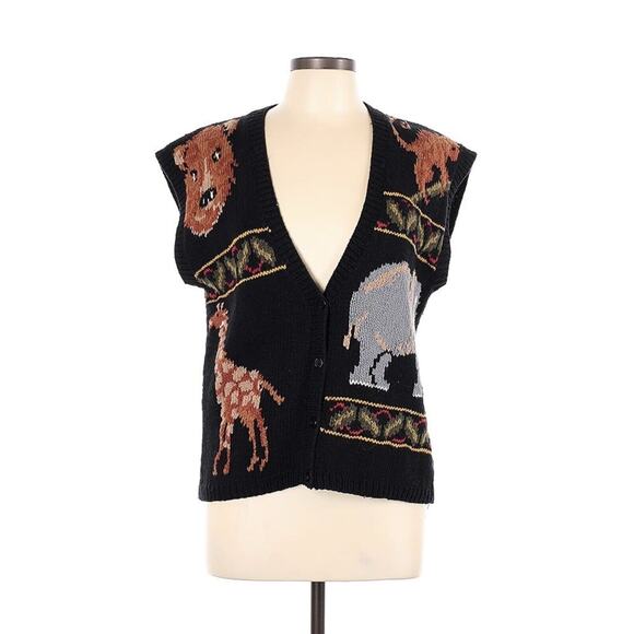VTG Le Comte Hand Knit Zoo Safari Vet Elephant Lion Giraffe Black Sweater Vest L - Picture 1 of 3